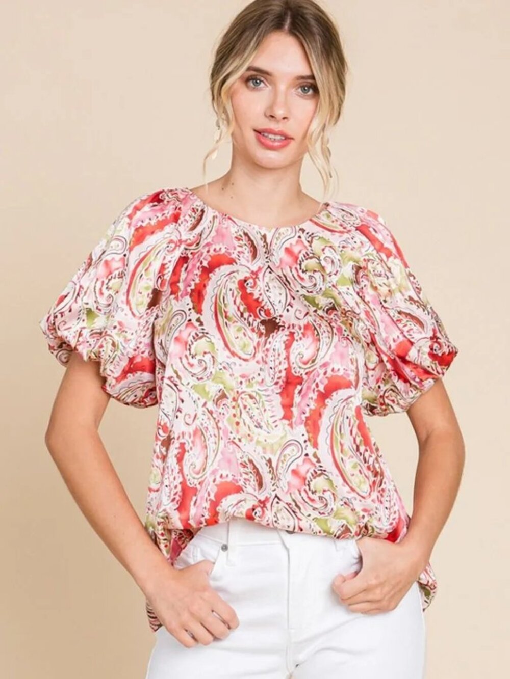 JODIFL H10764 Plus Puff Short Sleeve Blouse with Paisley Pattern - Red/Green